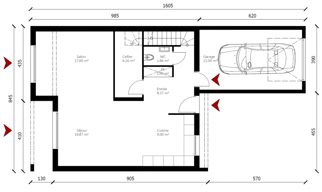 Plan maison en L contemporaine rez-de-chaussée