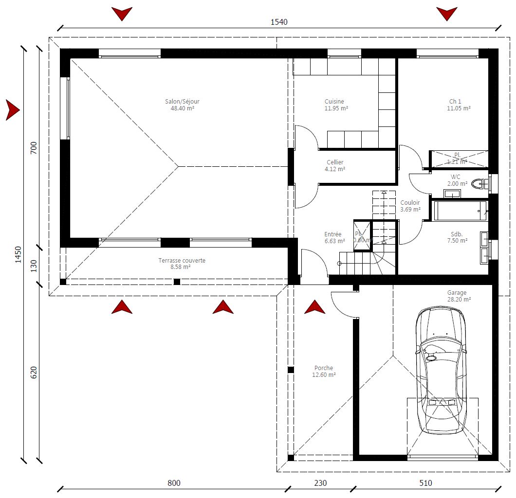 Plan maison en L traditionnelle rez-de-chaussée accès