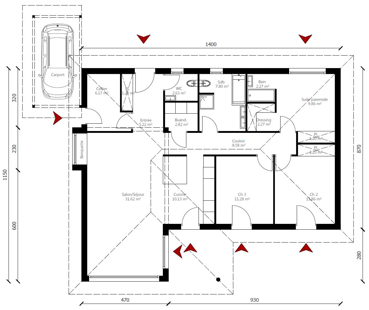 Plan maison en L traditionnelle accès